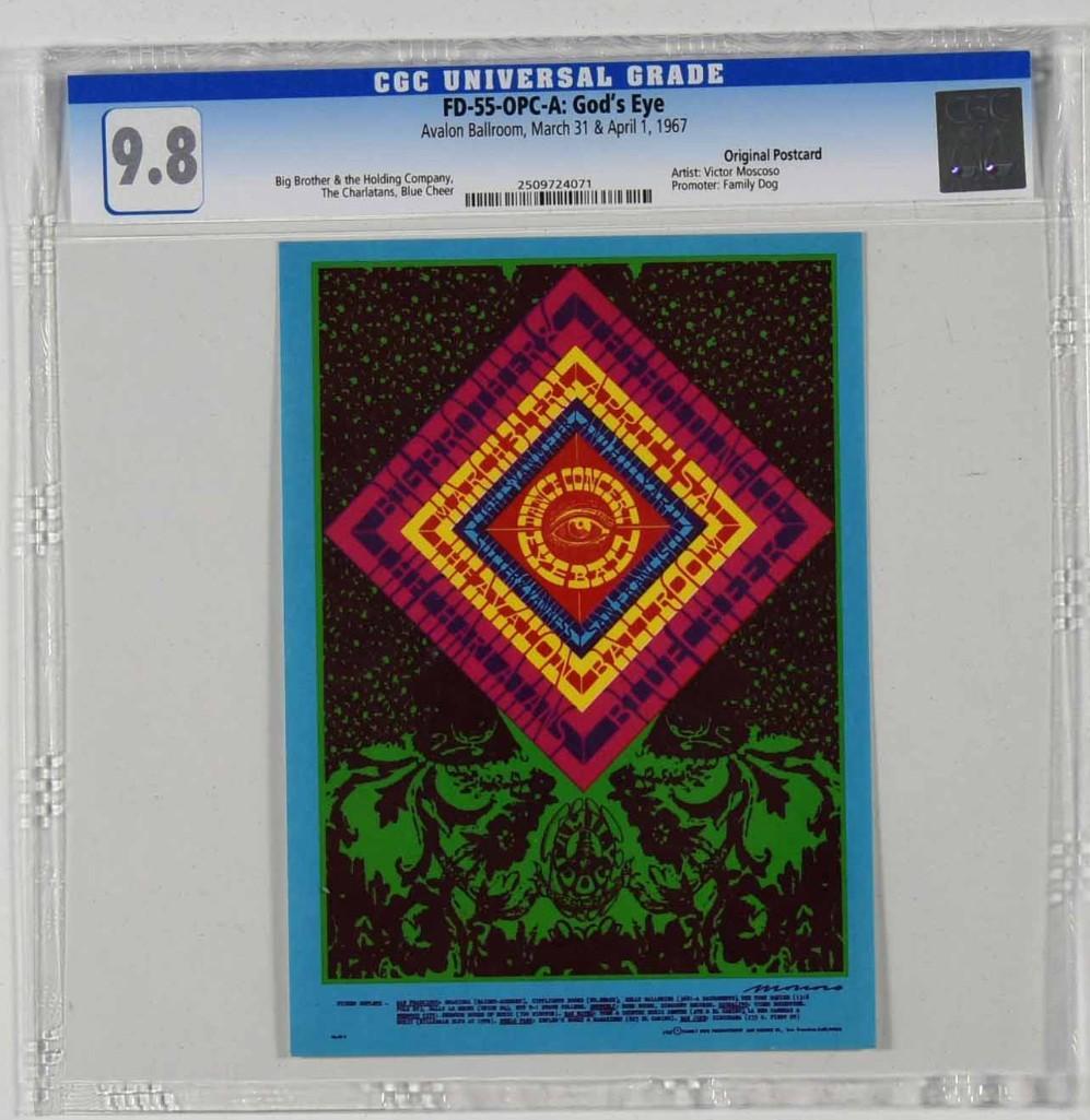 1967 FD-55 Big Brother Avalon Postcard 9.8: The design for this Family Dog Victor Moscoso postcard was inspired by a Native American object consisting of crossed sticks and wrapped colored yarn called a Gods Eye. Original Postcards are without 