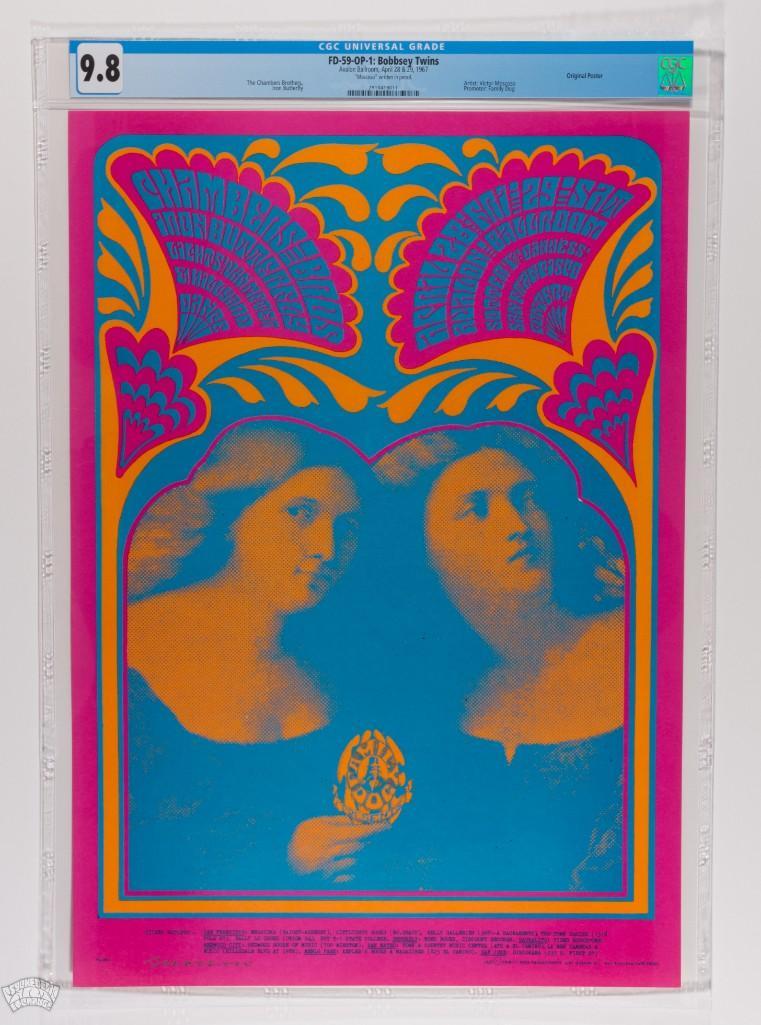 1967 FD-59 Iron Butterfly Avalon Signed Poster 9.8: This poster is signed by the artist, Victor Moscoso! This fabulous image by Victor Moscoso utilized stunning composition and color. The poster borrows a renaissance style painting of two women in brig