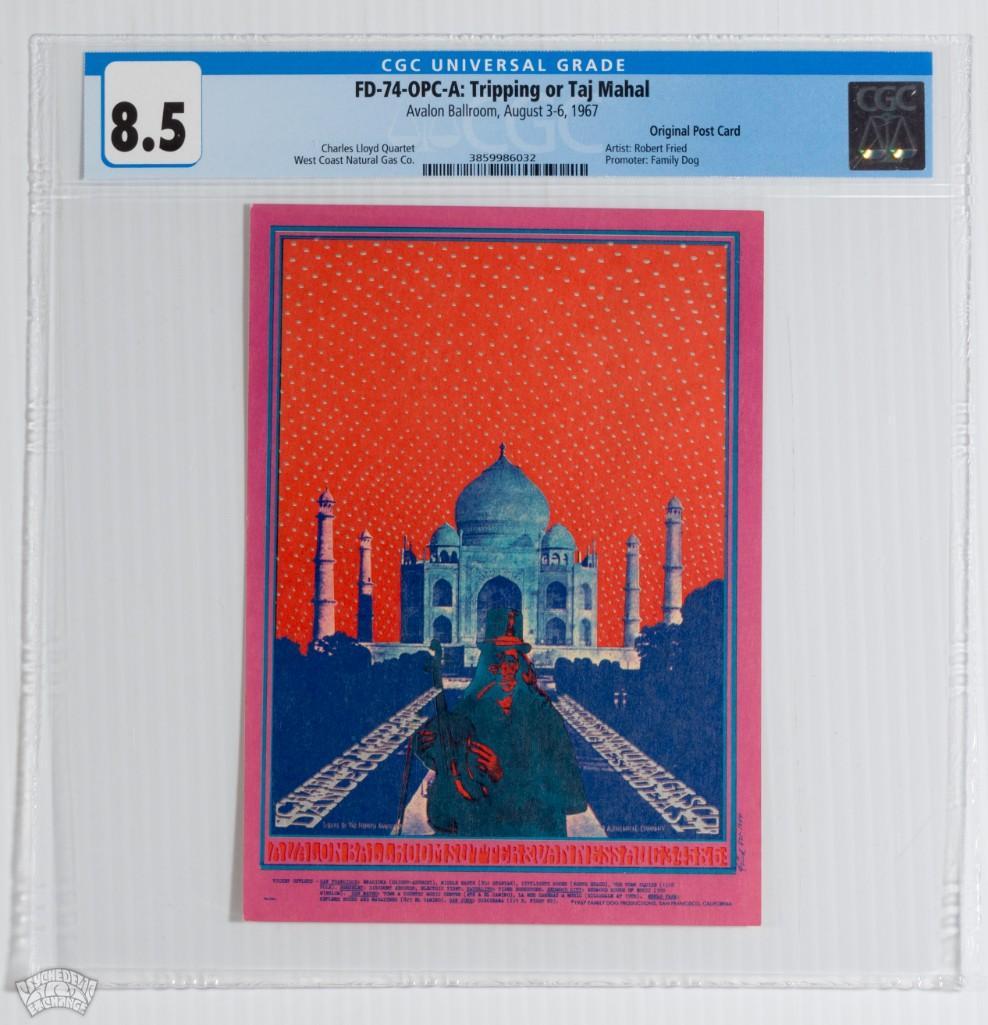 1967 FD-74 Charles Lloyd Quartet Avalon Postcard 8.5: This popular Bob Fried postcard design uses the Taj Mahal in conjunction with the Family Dog Indian to create a standout contribution to the series. --CRITICAL DETAILS-- --TITLE: Fd-74 --