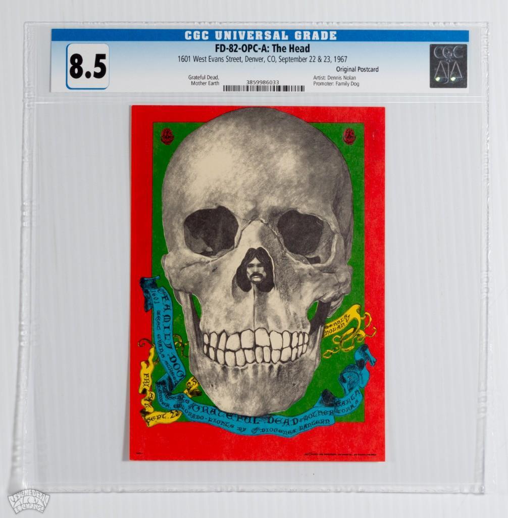 1967 FD-82 Grateful Dead 1601 W Evans St Postcard 8.5: Original FD-82 Postcard! The Grateful Dead played a pair of shows at the short-lived Family Dog Venue in Denver Colorado in 1967. This first printing postcard features skull imagery with a pigpen nose