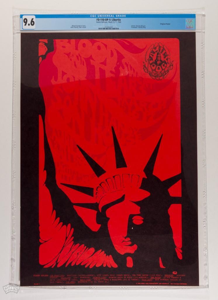 1968 FD-110 Blood Sweat & Tears Avalon Poster 9.6: Lady Liberty with a tear in her eye. As fitting now as it was in 1968. This CGC graded example of the FD-110 Stanley Mouse, original Family Dog poster is in high-quality condition. --CRITICAL DETAILS-