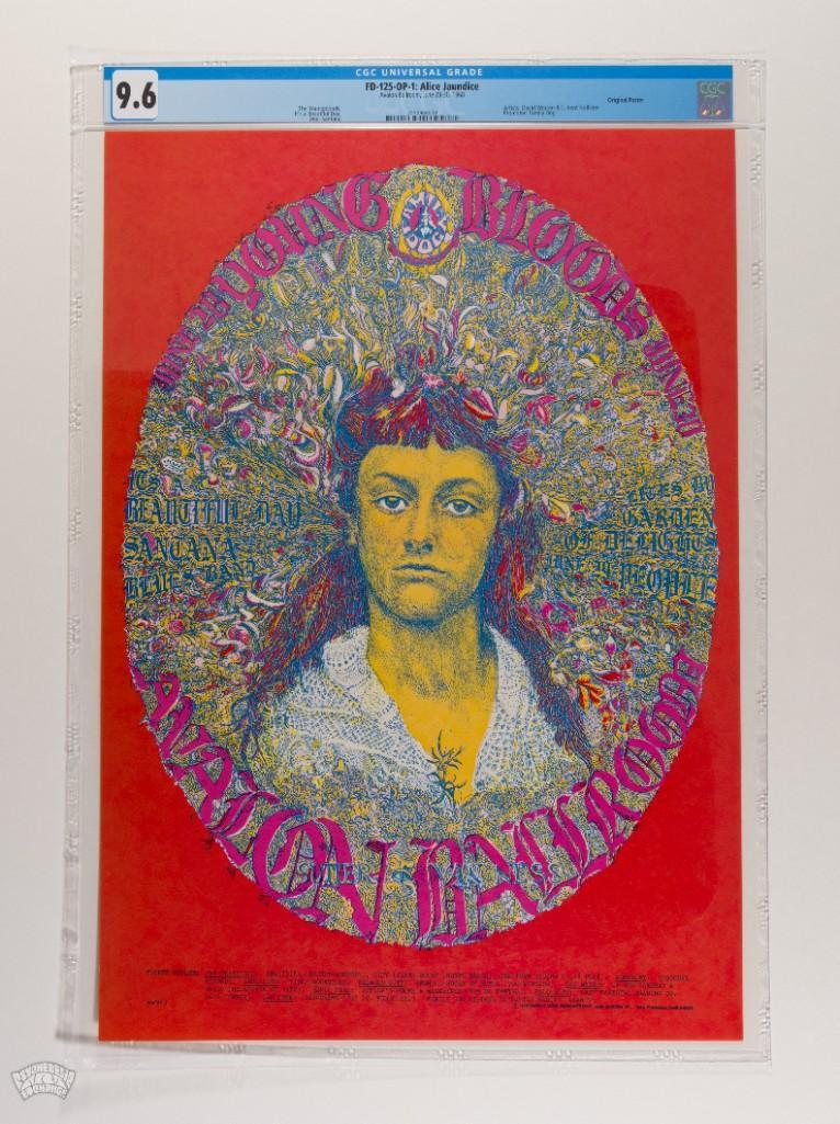 1968 FD-125 Santana Avalon Poster 9.6: Here we have an original Avalon poster with downright lovely eye appeal. With a familiar late sixties nod to Alice in Wonderland, this drawing by artists David Warren and L. Kent Hollister is based on