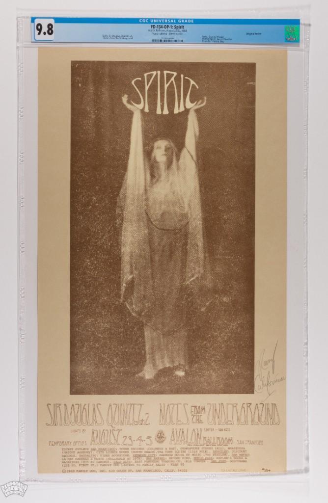 1968 FD-134 Spirit Avalon Signed Poster 9.6: This poster is signed by Randy California, guitarist from Spirit! Stanley Mouse created this ethereal design of an angelic figure for an appearance by the band Spirit at the Avalon. Spirit which was h