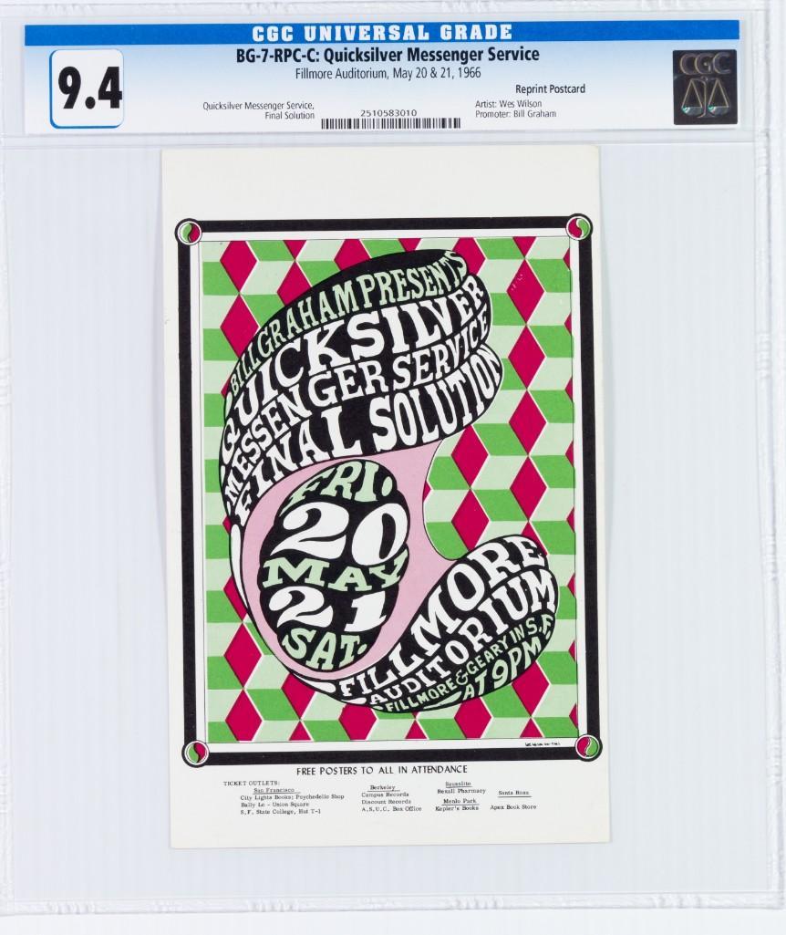 1966 BG-7 Quicksilver Fillmore RP Postcard 9.4: This postcard is a post-concert printing item that features the same great artwork as the original poster for just a fraction of the price! This early Wes Wilson design advertised Quicksilver Messenge