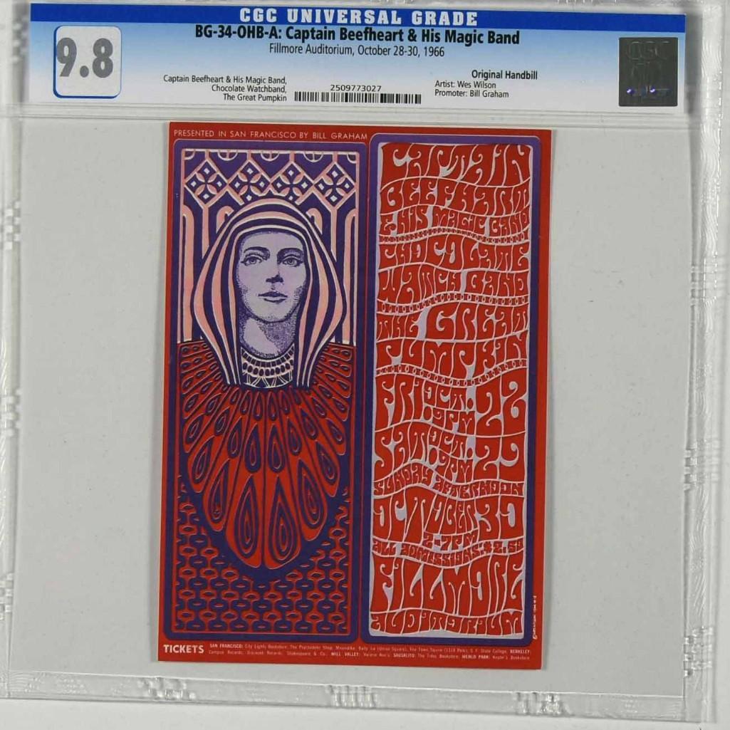 1966 BG-34 Captain Beefheart Fillmore Handbill 9.8: This Original Handbill features Wes Wilson's stunning advertisement for a performance by the enigmatic Captain Beefheart and His Magic Band at the Fillmore, and this is an early Fillmore favorite.