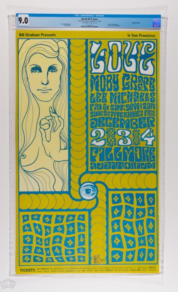 1966 BG-40 Love Fillmore OP3 Signed Poster 9: This item sold in our May CGC Auction, however, the winning bidder did not pay, so the lot is being relisted here. This poster is signed in pencil by the artist Wes Wilson! This lovely Wes Wilson desi