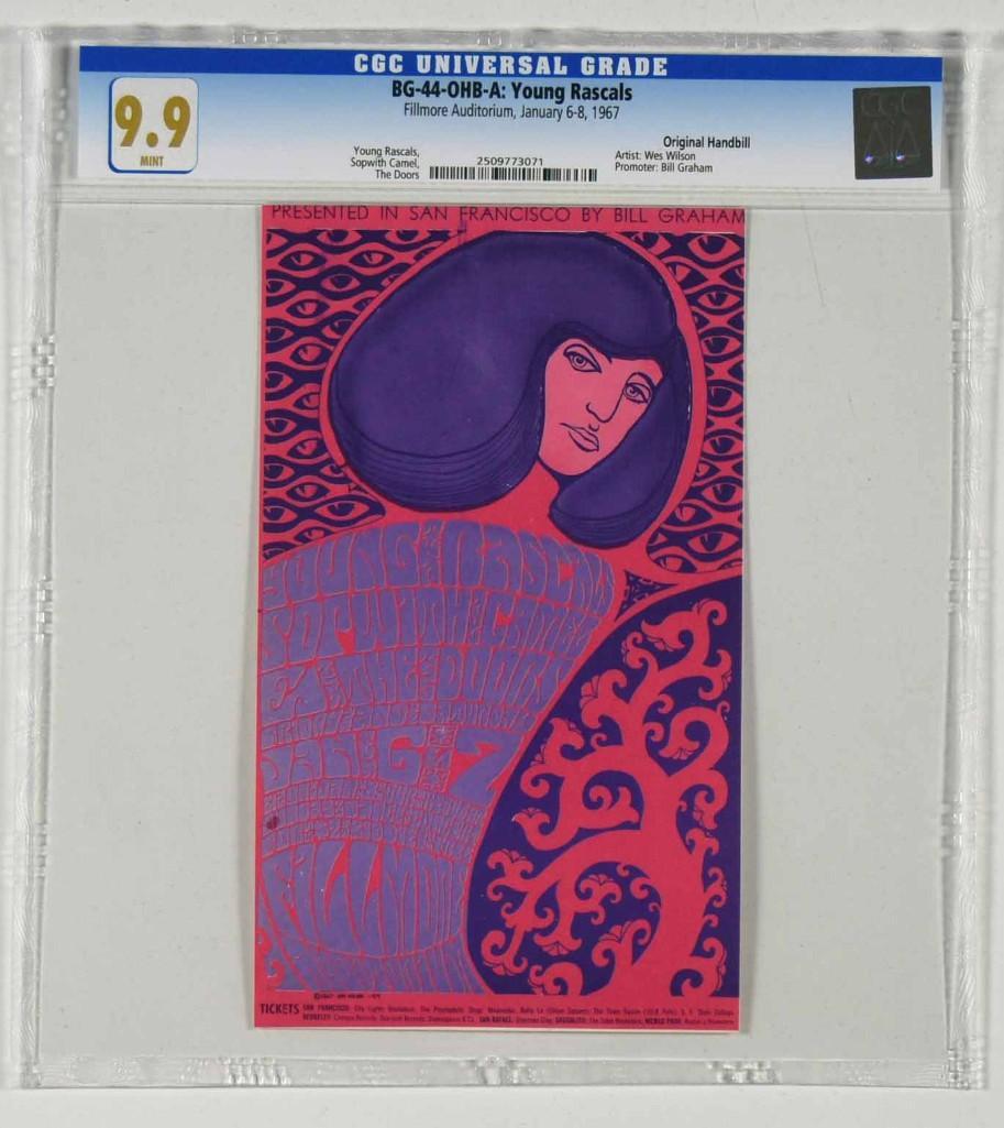 1967 BG-44 The Doors Fillmore Handbill 9.9: This 1967 original handbill most notably announced the first appearance of the DOORS at the Fillmore. Wes Wilson's use of purple and pink in this classic design is yet another salute to the femini