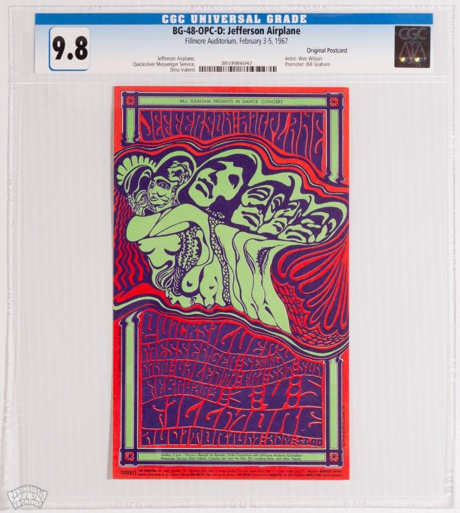 1967 BG-48 Jefferson Airplane Fillmore Postcard 9.8: This very psychedelic postcard by Wes Wilson for a Jefferson Airplane/Quicksilver run of concerts shows the artist taking more risks and pushing the medium forward in every regard. This postcard is 10