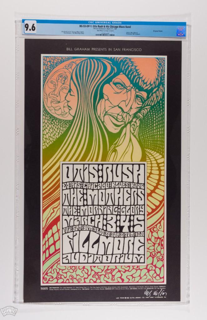 1967 BG-53 Otis Rush Mothers Fillmore Signed Poster 9.6: This poster is signed by the artist, Wes Wilson! A Bill Graham title we don't see surface often enough in high quality condition, like this one here. For this weekend at the Fillmore, The Mothers 