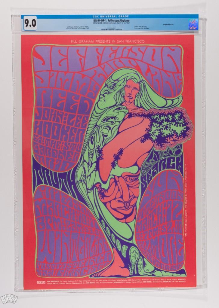 1967 BG-54 Jefferson Airplane Fillmore Poster 9: Another early poster from the first year of Bill Graham at The Fillmore. Classic band, classic Wes Wilson design, classic venue, beautiful condition, and affordable price. Exciting opportunity! --CRIT
