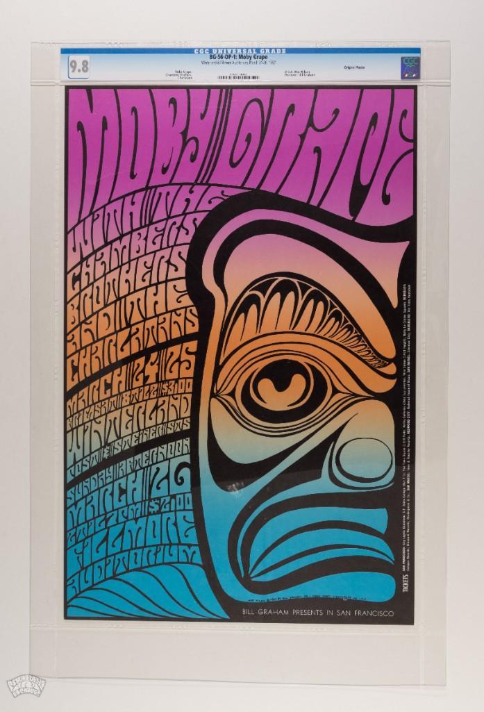 1967 BG-56 Moby Grape Winterland Poster 9.8: From the Houston Freeburg Collection. From the pen of the late great Wes Wilson, this popular original first printing poster by one of "The Big Five" Artists is sure to enjoy spirited bidding