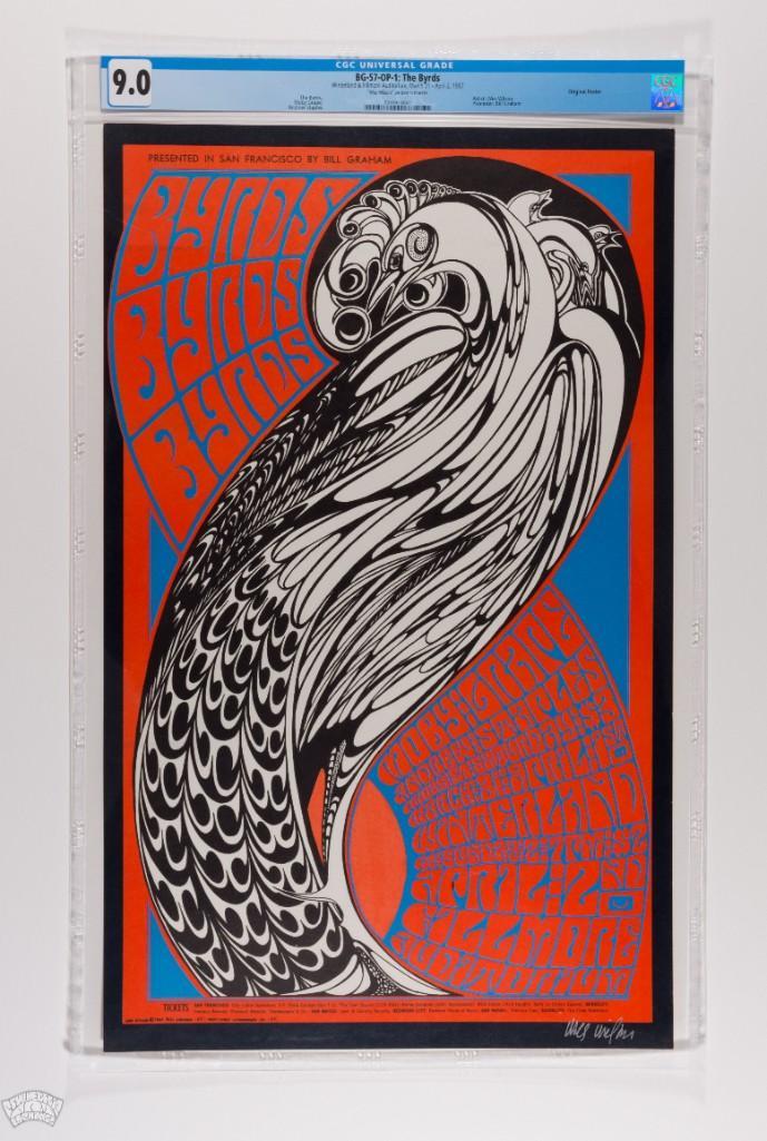1967 BG-57 The Byrds Fillmore Signed Poster 9: This poster is signed by the artist, Wes Wilson! The Byrds at the Fillmore! A BEAUTIFUL early Fillmore poster created by the late great Wes Wilson! The artist's recent passing made international n