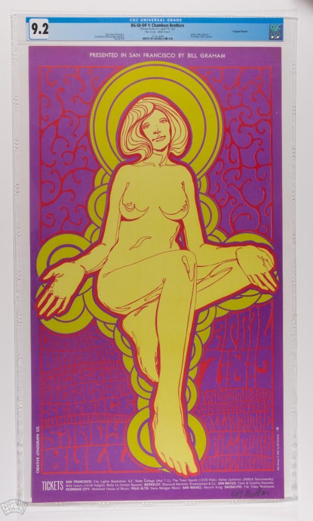 1967 BG-58 Chambers Brothers Fillmore Signed Poster 9.2: This poster is signed by the artist, the late great Wes Wilson! Here we are offering a beautiful Wes Wilson poster. The artist's use of nude figures was a reoccurring in his poster designs for the