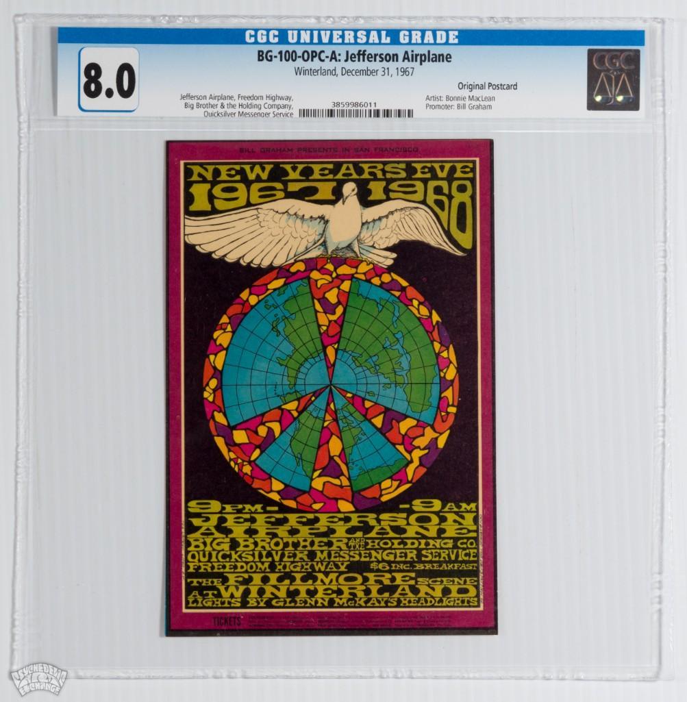 1967 BG-100 Jefferson Airplane Winterland Postcard 8: Here we are offering a postcard featuring a stunning example of one of Bonnie MacLean's most requested designs. It was made for New Years Eve 1967 with Jefferson Airplane AND Big Brother on the bi