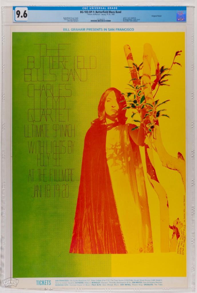 1968 BG-103 Butterfield Blues Band Fillmore Poster 9.6: This original Bill Graham poster by artist Jack Hatfield was produced for a Butterfield Blues Band appearance at the Fillmore and utilizes a photograph by Louis Sozzi. The artist used photographs of t