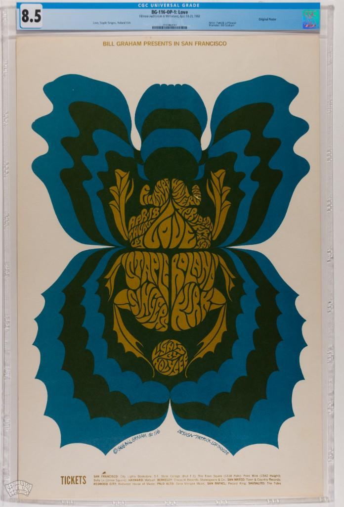 1968 BG-116 Love Winterland Poster 8.5: Love, The Staple Singers and Roland Kirk are featured on this 1968 Fillmore poster designed by artist Patrick Lofthouse. Posters such as this, original first printings in high quality condition, which