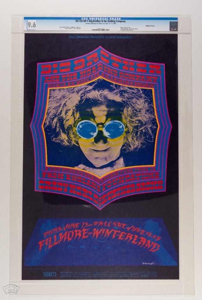 1968 BG-124 Big Brother Winterland Poster 9.6: From the Houston Freeburg Collection. This Bob Fried poster for a Fillmore West Big Brother concert utilizes a photograph of an odd bespectacled man as its central image. This image hilariously resemb