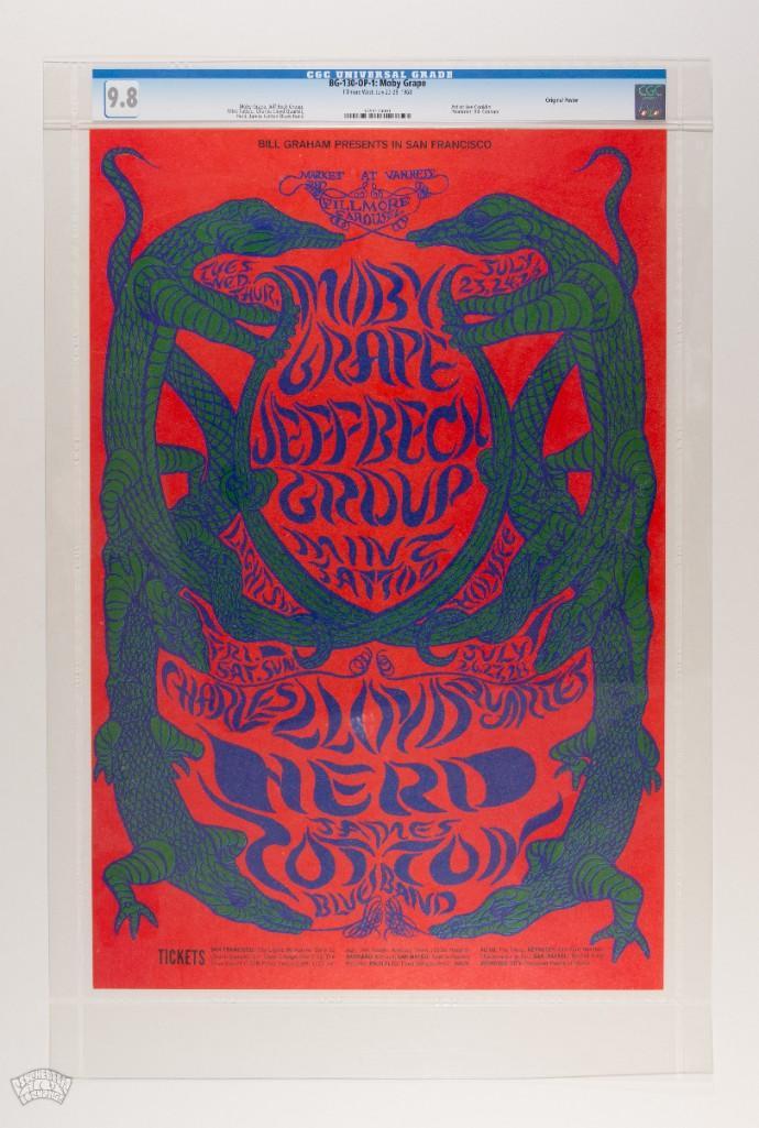 1968 BG-130 Moby Grape Fillmore West Poster 9.8: From the Houston Freeburg Collection. If you are looking for a beautiful first edition poster from this era in superb museum quality condition, then THIS amazing Bill Graham issue is for YOU! The pow