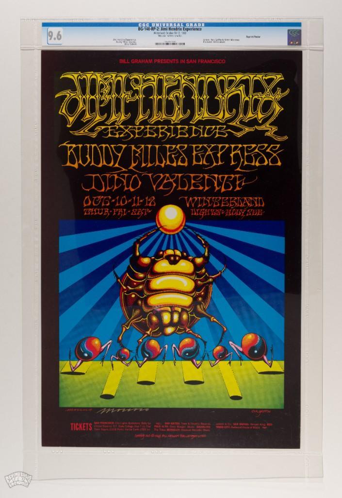 1968 BG-140 Jimi Hendrix Moscoso Signed RP2 Poster 9.6: This second-printing poster is signed by the artist, Victor Moscoso! From the Houston Freeburg Collection. This second printing poster offers the same popular and iconic art for far less than a Firs