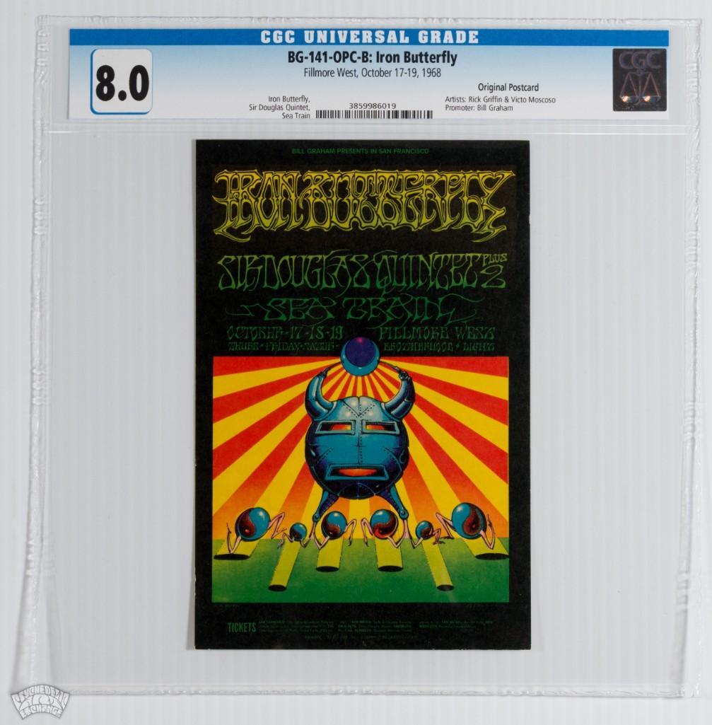 1968 BG-141 Iron Butterfly Fillmore West Postcard 8: This postcard was made for an Iron Butterfly and Sir Douglass quintet run of shows at the Fillmore West. This classic collaboration by Rick Griffin and Victor Moscoso is the sister piece to BG-140. Or