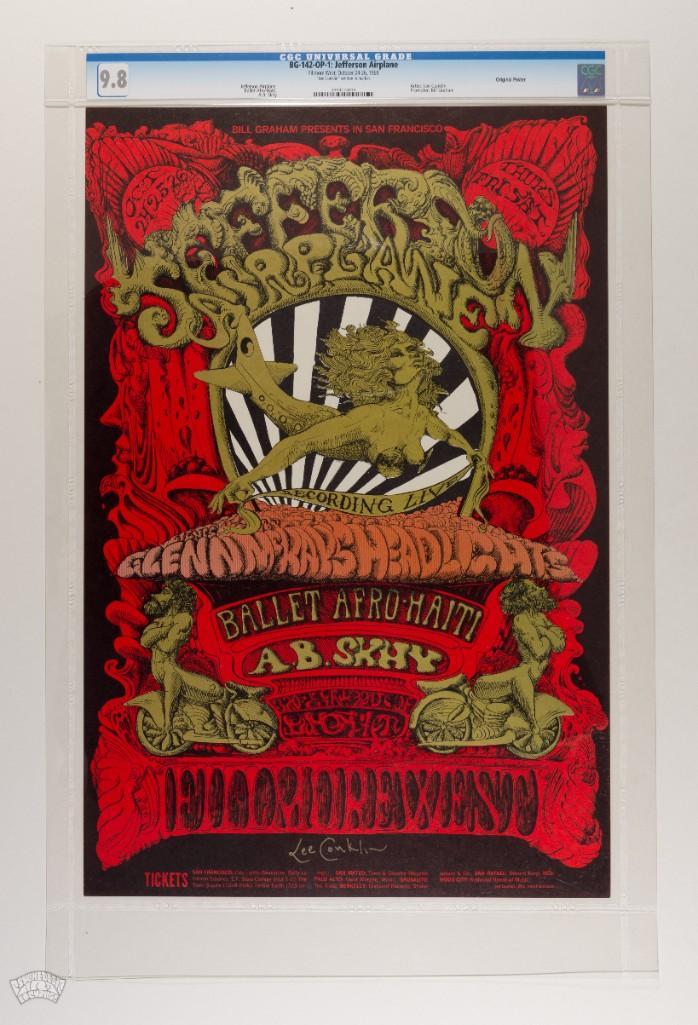 1968 BG-142 Jeff Airplane Fillmore Signed Poster 9.8: This poster is signed by the artist, Lee Conklin! From the Houston Freeburg Collection. If you are looking for a beautiful First Edition poster from this era in museum quality condition this lot is fo
