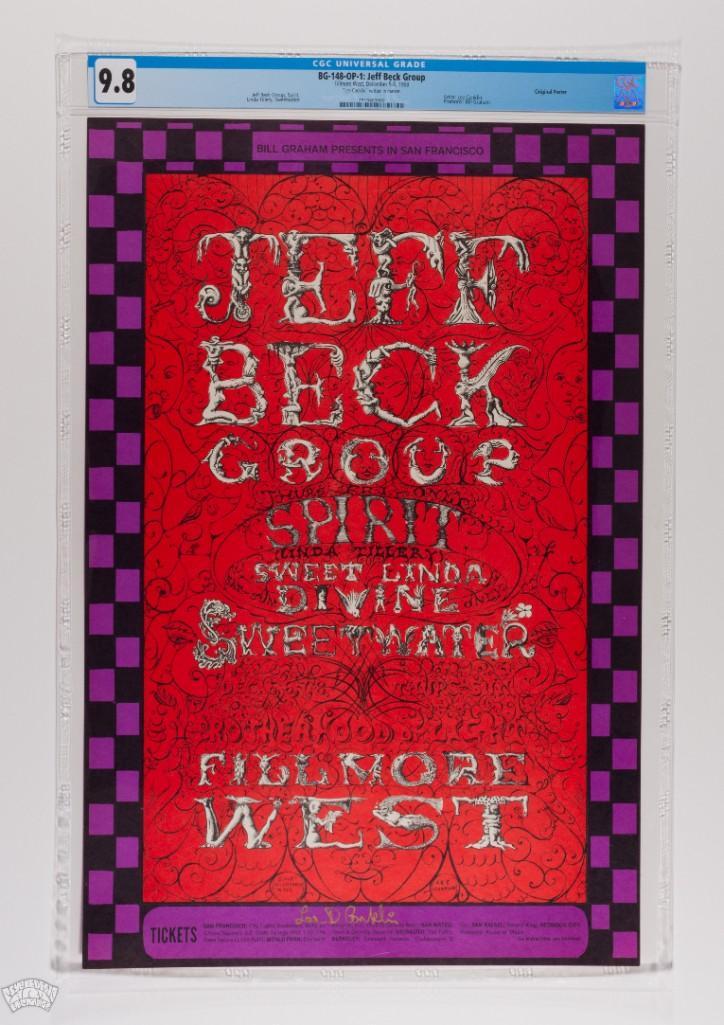 1968 BG-148 Jeff Beck Fillmore West Signed Poster 9.8: This poster is signed by the artist Lee Conklin! This original poster by Lee Conklin for a run of shows by guitarist extraordinaire Jeff Beck at the Fillmore West is one of those posters that one need