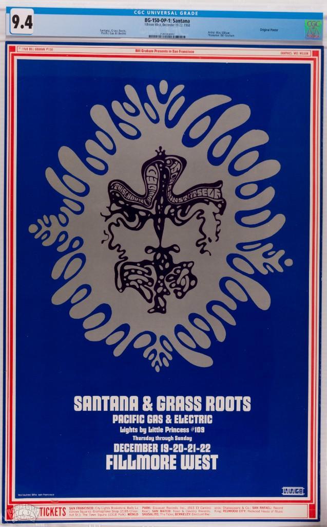 1968 BG-150 Santana Fillmore West Poster 9.4: This Fillmore poster, created by artist Wes Wilson was his second to last for Bill Graham. After BG 62, Wilson ended his tenure as the exclusive artist for the Fillmore. He would return for after a ye