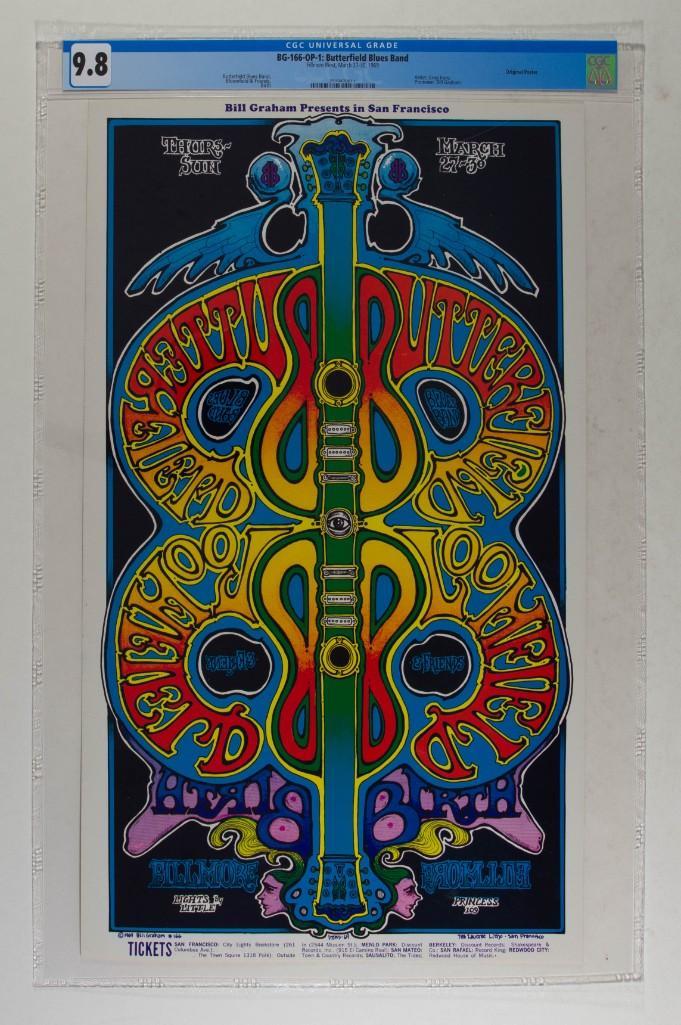 1969 BG-166 Butterfield Blues Band Fillmore Poster 9.8: Heavy eye appeal from artist Greg Irons! The Butterfield Blues Band were innovators in the world of blues/rock and were at the top of their game in the late 1960s after the release of their first two 