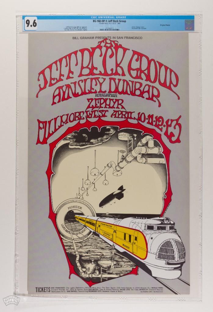 1969 BG-168 Jeff Beck Fillmore West Poster 9.6: Guitarist extraordinaire, Jeff Beck was supposed to play the Fillmore in April of 1969, however, for some reason, the headliner canceled and was replaced by Country Joe and the Fish. As a side note, t