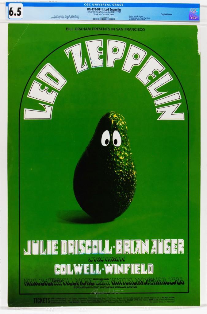 1969 BG-170 Led Zeppelin Fillmore Signed Poster 6.5: This item sold in our May CGC Auction, however, the winning bidder did not pay, so the lot is being relisted here. This poster is signed by the artist Randy Tuten! Led Zeppelin performed for Bill Grah