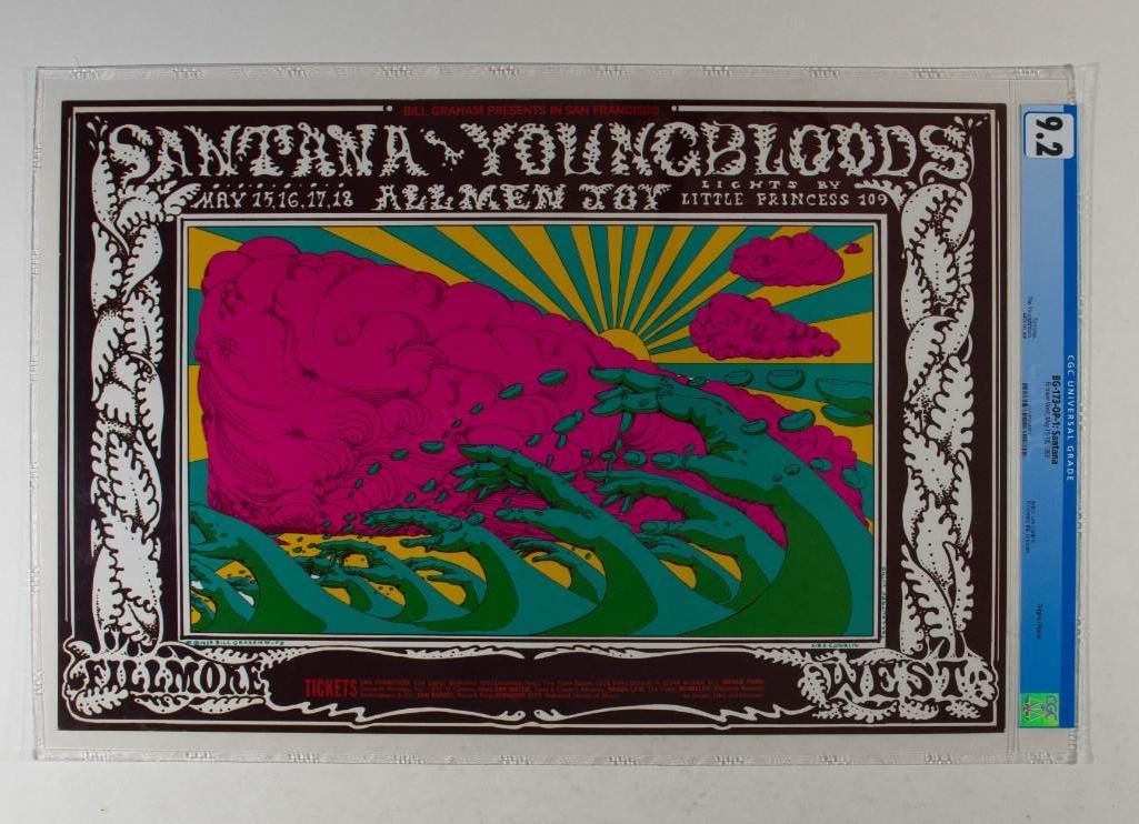 1969 BG-173 Santana Fillmore West Poster 9.2: This delightful poster from the pen of Lee Conklin was created for a Santana/Youngbloods show at the Fillmore West. Conklin's work is forever evolving. This piece from May 1969 was the artist'