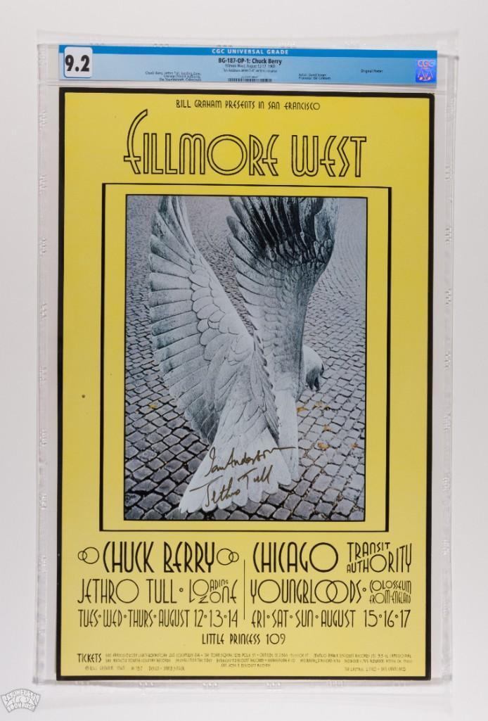 1969 BG-187 Jethro Tull Fillmore West Signed Poster 9.2: This poster is signed by Ian Anderson of Jethro Tull! Talk about a unique piece of rock and roll history! We have reported extensively that Chuck Berry concert posters have skyrocketed in demand and v
