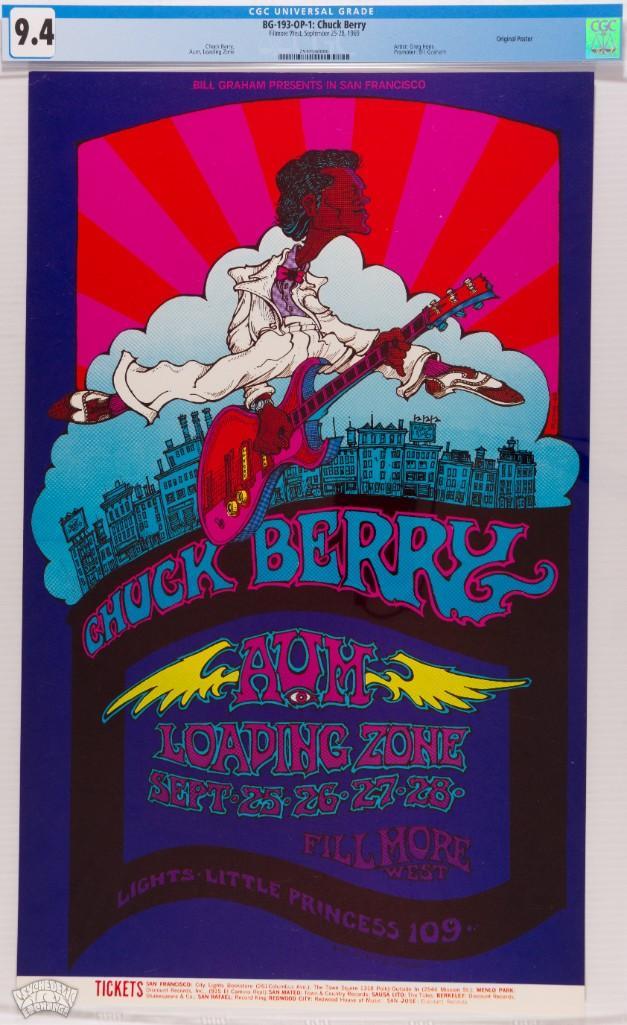 1969 BG-193 Chuck Berry Fillmore West Poster 9.4: Greg Irons was not only a great contributor to the Fillmore Poster series; he was also one of the best underground comix artists of the era. This cartoon image for a 1969 Chuck Berry Fillmore West con