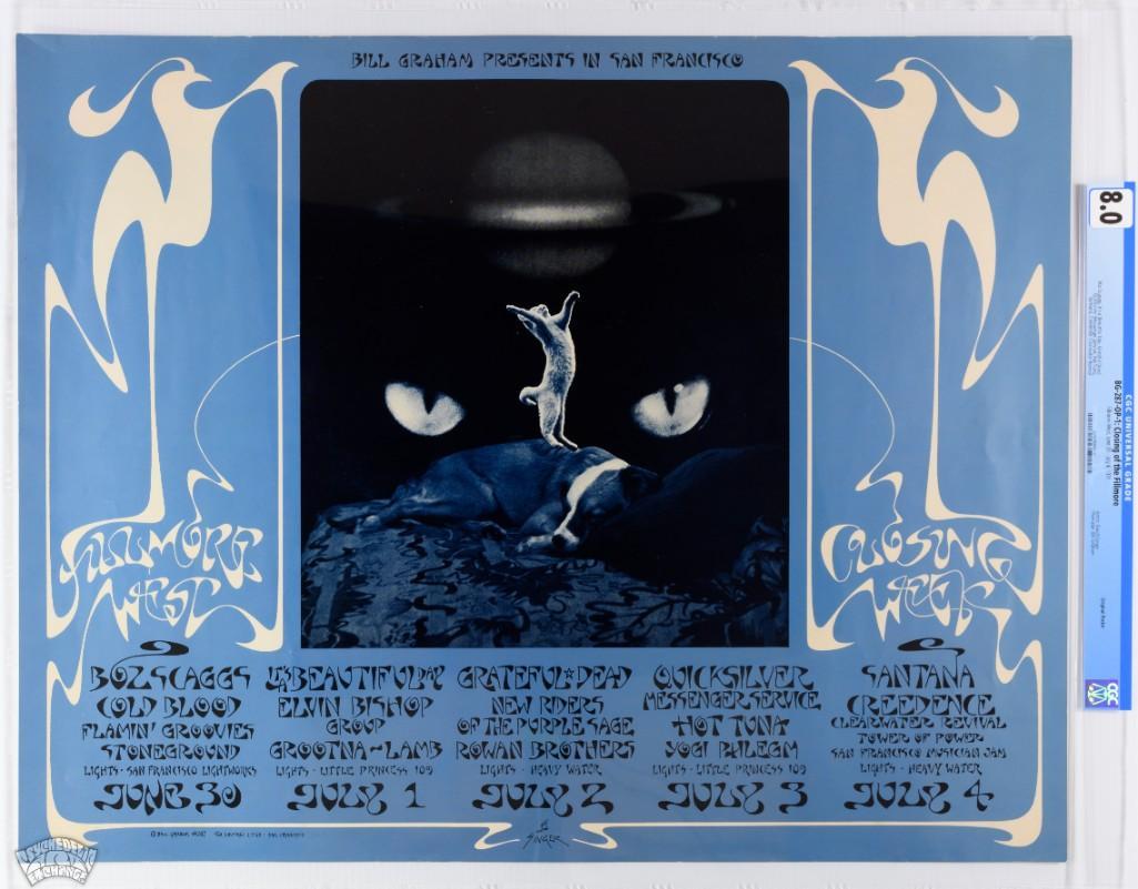 1971 BG-287 The Closing of the Fillmore West Poster 8: The closing of the Fillmore was a huge milestone in the history of the San Francisco scene, and this David Singer design is one of the most collectible in the series. Although this poster is a commemo