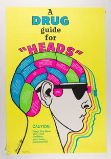 1969 Dominick Jago A Drug Guide for Heads Poster: Extremely rare, large headshop poster designed by Dominick Jago depicting a cornucopia of the popular rec drugs of the day. This poster also includes the anti-drug use message at the bottom to heed