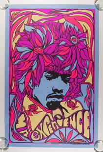 1967 Jimi Hendrix Mr. Experience Pandora Poster: Collector Houston Freeburg has reported that this is his favorite Jimi Hendrix blacklight poster of all! This spectacular headshop poster featuring a flower-haired Jimi Hendrix is titled "Mr.