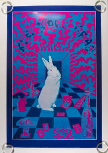 1967 East Totem West White Rabbit Keep Your Head RP Poster: This is a commemorative printing of this East Totem West issue, produced by Pomegranate Publications. The White Rabbit is one of the most popular East Totem West posters of the series. During 1967
