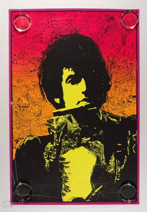 1968 Joe Roberts Jr Bob Dylan Poster: This vintage blacklight poster from 1968 features the great Bob Dylan and looks absolutely stunning. It was designed by Joe Roberts Jr and distributed by Sirkia. The art exhibits intense and vivid