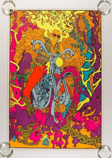 1970 Joe Roberts Jr Captain America Poster: This poster titled "Captain America" was designed in 1970 by Joe Roberts Jr. It is full of colorful trippy psychedelic imagery and it changes colors under a blacklight. One of our favorites. A truly
