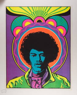 1968 Walotsky Jimi Hendrix The Black Sun Poster: Here is another gorgeous blacklight silkscreen headshop poster featuring an image of Jimi Hendrix! This poster titled "The Black Sun" was designed by Ron Walotsky in 1968 and looks stunning both