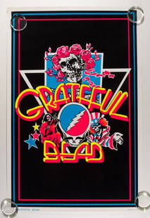 1976 Grateful Dead Flocked Poster: The black parts of this vintage Grateful Dead headshop poster are overlaid with black flocking which gives it a velvet feel. Posters like this of the era are often referred to as black velvet