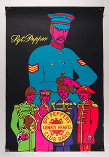 1969 The Beatles Sgt. Pepper Poster: Here we have a LARGE bold blacklight headshop poster showcasing Sgt. Pepper and The Beatles printed in 1969 by Poster Prints in Plymouth Square Center Conshohocken Pennsylvania. The Lonely Hearts
