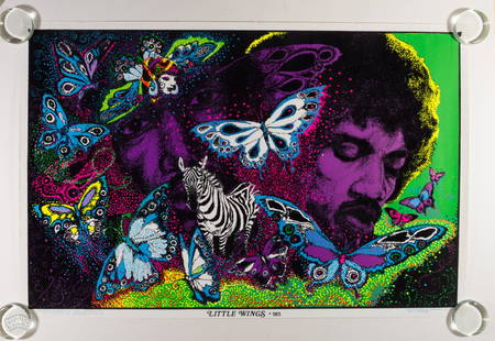 1981 Leon Hendrix Little Wings Flocked Poster: This poster was created by Leon Hendrix, younger brother of Jimi, in 1981. Leon Hendrix has created several pieces of artwork featuring his late brother's image over the years. This one titled