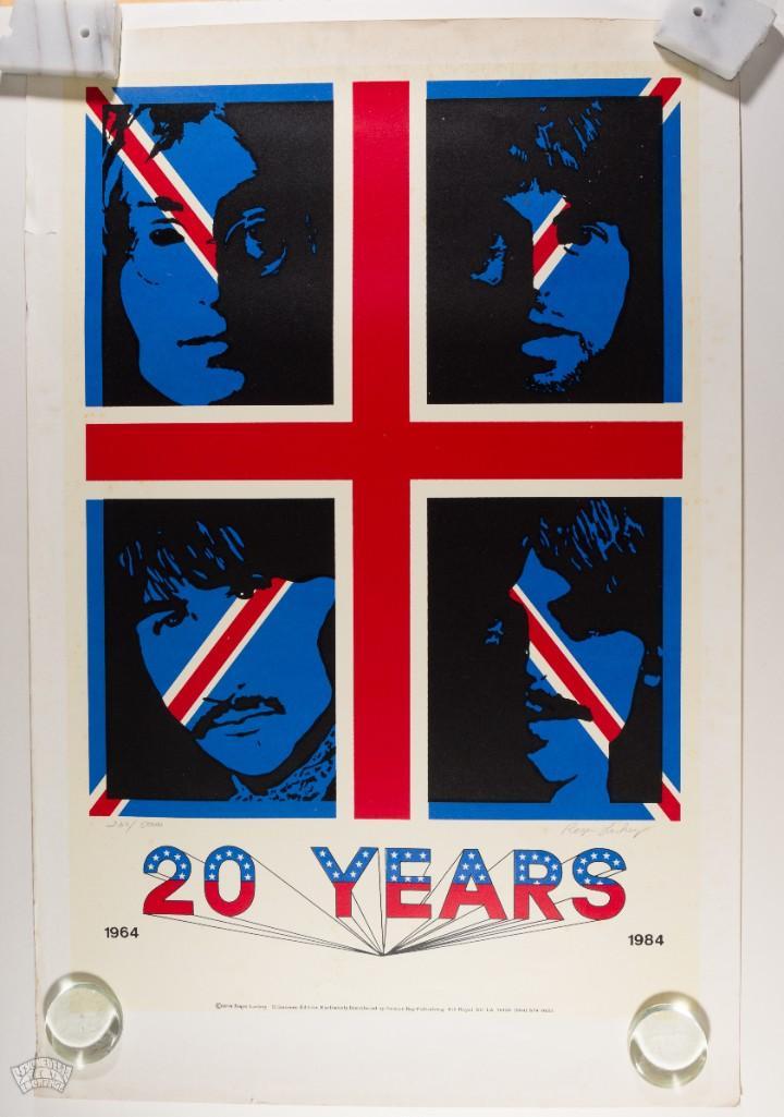1984 Roger Lackey The Beatles 20 Years Signed LE Poster: This limited edition poster is numbered 230/5000 and SIGNED by the artist Roger Lackey! Distributed by Persian Boy Publishing, this numbered LE poster celebrates 20 years of the Beatles with their ico