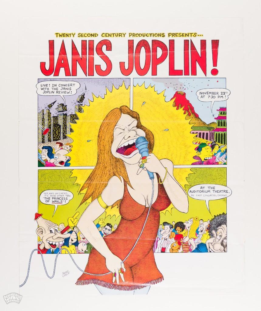 1969 Jay Lynch Janis Joplin Chicago Theatre Poster: This delightful Janis Joplin poster was one of the few contributions to the concert poster universe by one of the greatest illustrators of the 20th century Jay Lynch. Jay was one of the great American