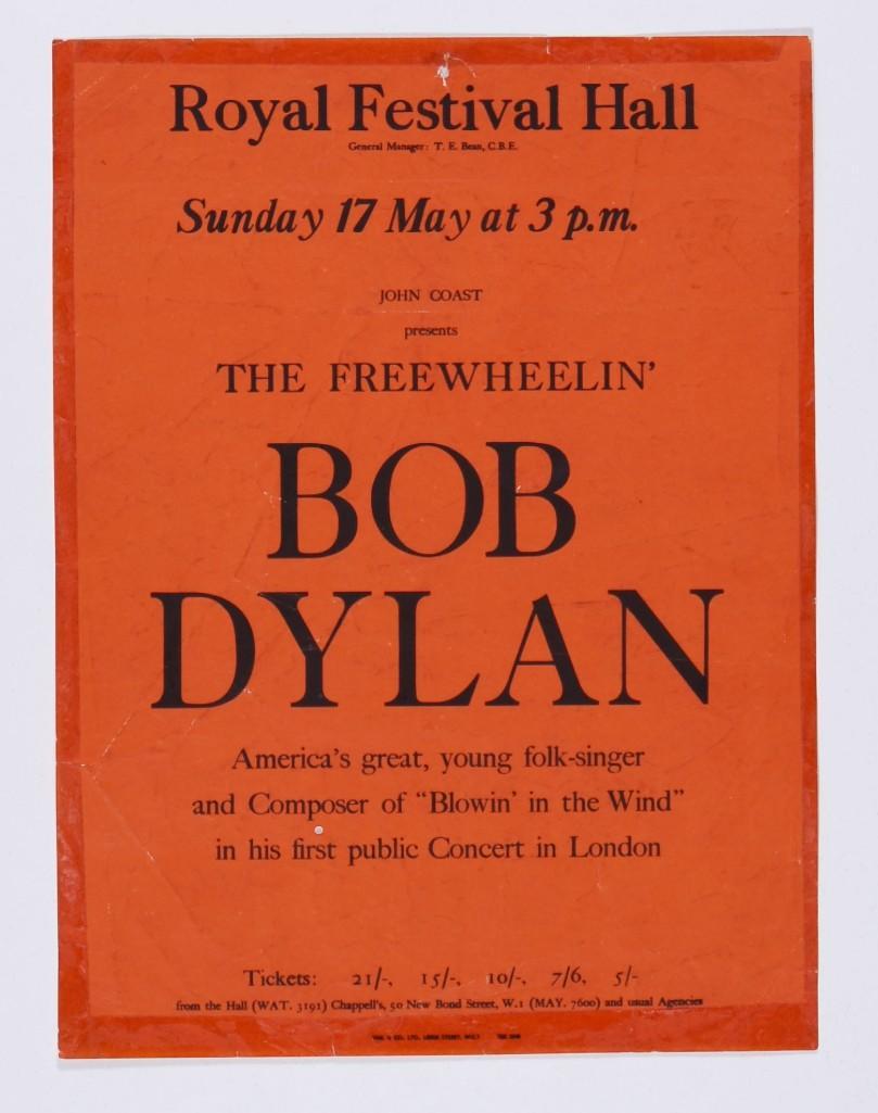 1964 Bob Dylan Royal Festival Hall London Flyer: This SCARCE flyer is appearing in our auction for the FIRST time! It advertised Bob Dylan's first-ever show in London, England. It occurred at Royal Festival Hall on May 17th, 1964, just a few mon