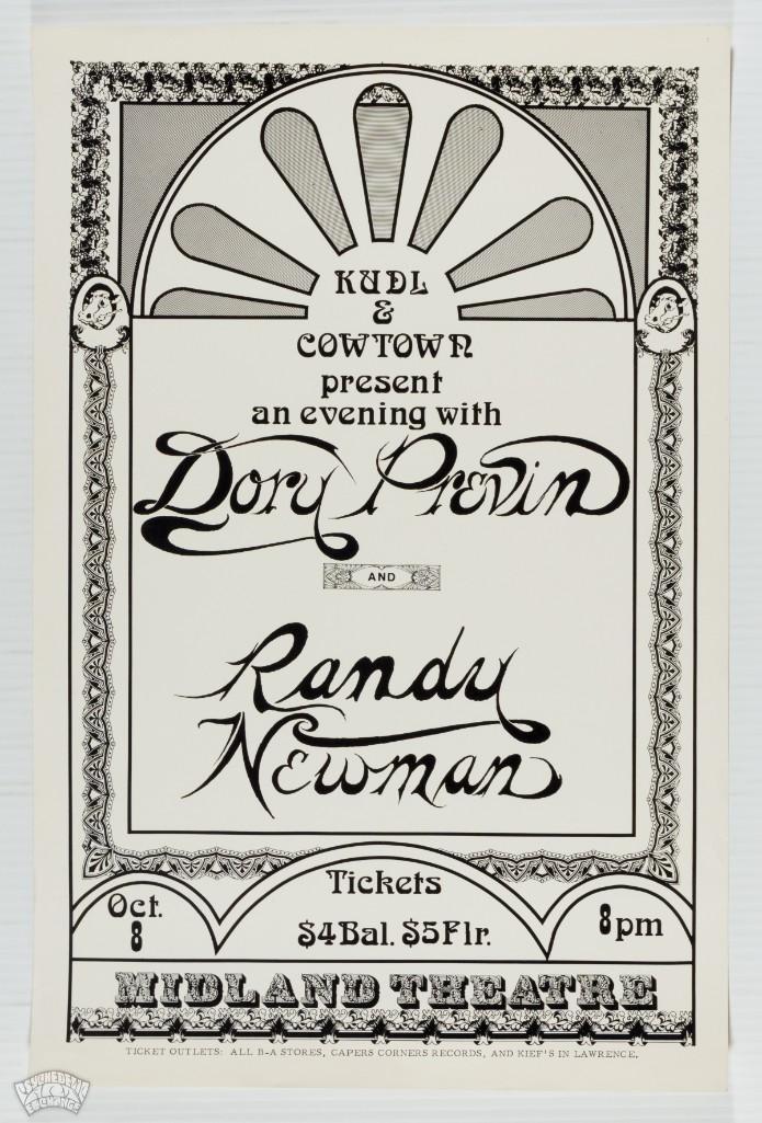 1974 Randy Newman Dory Previn Kansas City Poster: This great-looking poster was created for Dory Previn and Randy Newman's appearance at the Midland Theatre in Kansas City on October 8th, 1974. This is the first time this poster is appearing in o