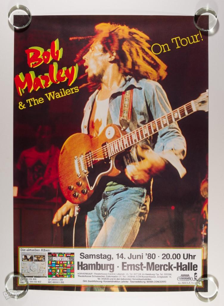 1980 Bob Marley & The Wailers Hamburg Germany Poster: This classic image of Bob Marley appears on a poster for The Wailers' tour stop in June 1980 at Ernst-Meck-Halle in Hamburg, Germany. The lower right-hand corner advertises the band's 1978 alb