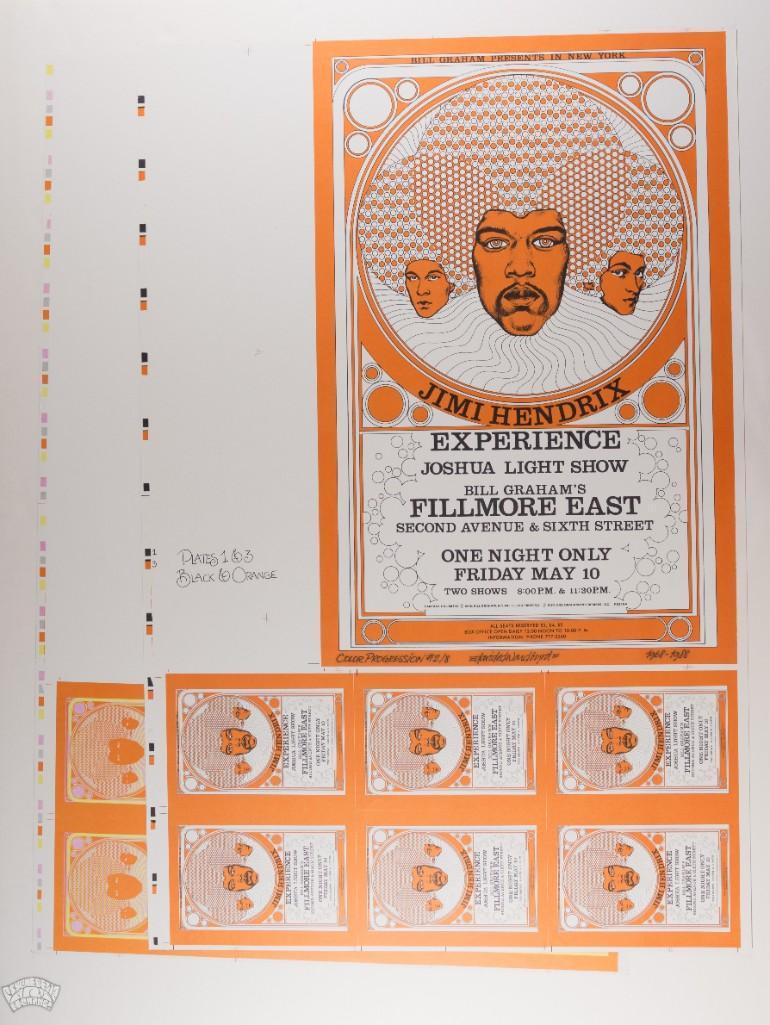 1988 Lot of 2 Hendrix FE Uncut Proof Sheets 1 is Signed: Lot of 2 Jimi Hendrix Fillmore East LARGE Uncut Proof Sheets, art by David Byrd. One is SIGNED by Byrd! These are the 2nd printings produced in 1988. SIGNED, Single sheet from a Color Progression ser