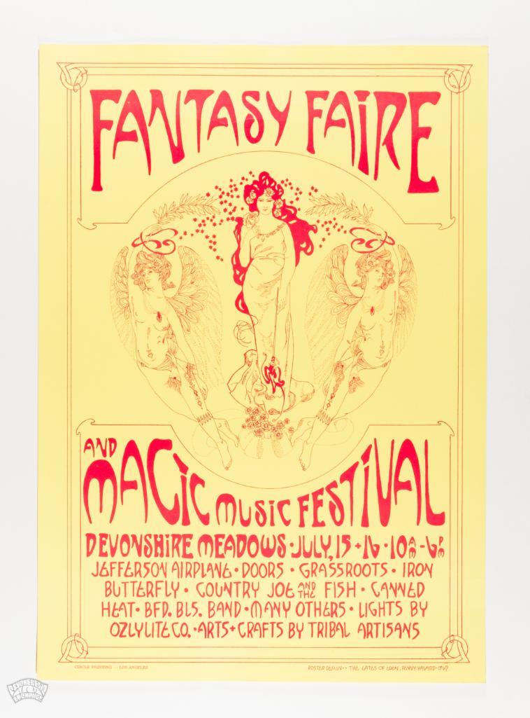 1967 The Doors Fantasy Faire Magic Music Fest Poster: The Fantasy Faire Festival was an early Southern California Rock Festival that occurred about a month after The Magic Mountain Festival and The Monterey Pop Festival. The image on this poster comes up